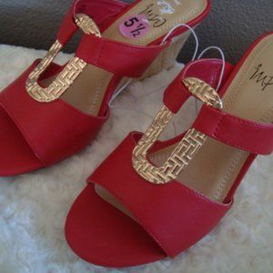 New Impo Red & Gold Wedge Slip On Shoes sz 5.5